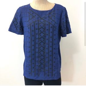 Madewell Blue Silk T-Blouse w Embroidery L